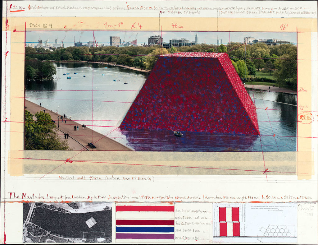 Christo, The Mastaba (Project for London, Hyde Park, Serpentine Lake), Drawing 2017 in two parts30 1/2 x 26" and 30 1/2 x 12" (77.5 x 66.7 cm and 77.5 x 30.5 cm). Pencil, charcoal, pastel, enamel paint, hand-drawn technical data, map on vellum and tape. Photo: André Grossmann© 2017 Christo