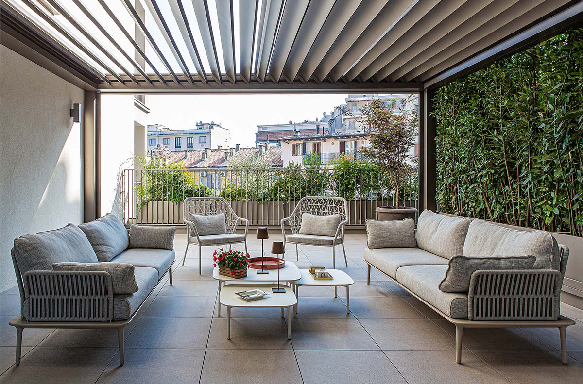 Panarea by Pedrali, Design CMP Design & Reva Twist by Pedrali, Design Patrick Jouin - Private House Terrace, Milan - Photo © Ferdinando Gatta