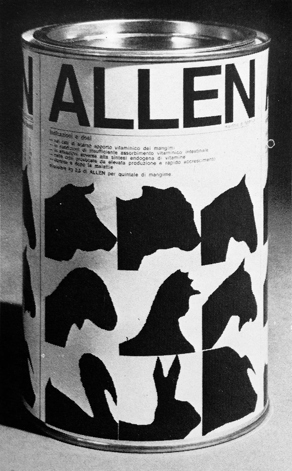 Allen label for animal feed tin by Armando Milani, 1972